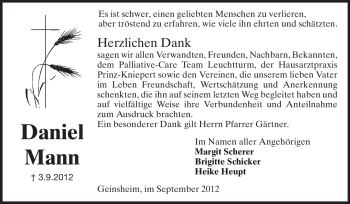 Traueranzeige von Daniel Mann  von Rüsselsheimer Echo, Groß-Gerauer-Echo, Ried Echo
