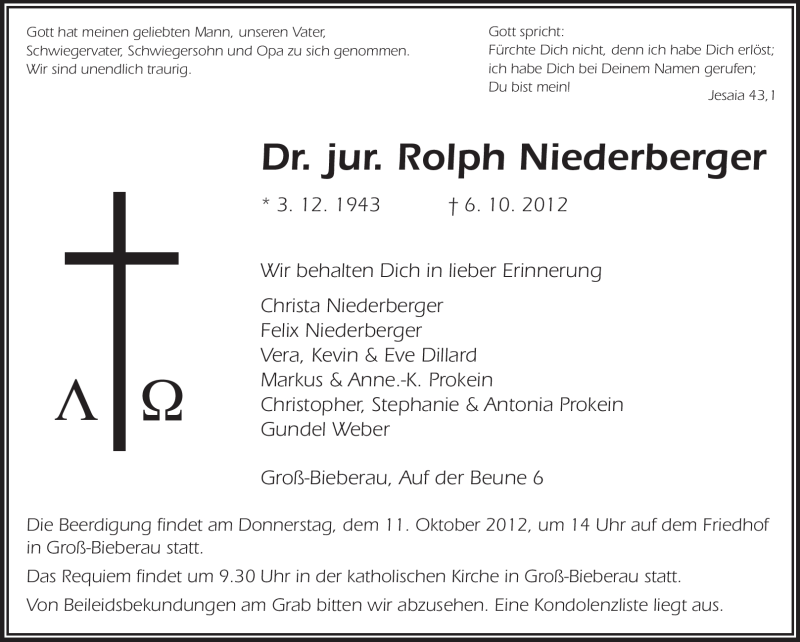  Traueranzeige für Rolph Niederberger vom 10.10.2012 aus Echo-Zeitungen (Gesamtausgabe)