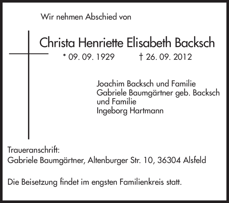  Traueranzeige für Christa Henriette Elisabeth Backsch vom 10.10.2012 aus Odenwälder Echo