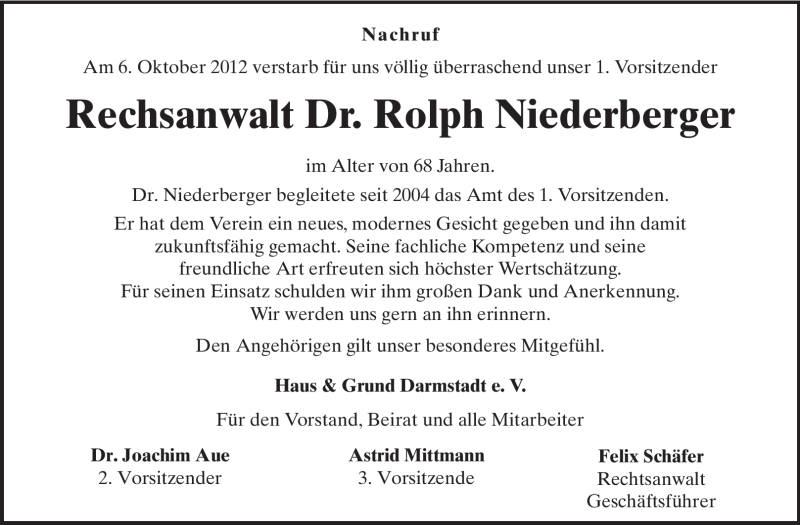  Traueranzeige für Rolph Niederberger vom 13.10.2012 aus Echo-Zeitungen (Gesamtausgabe)