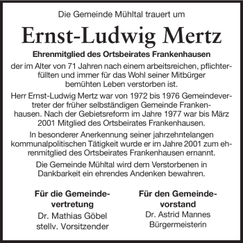 Traueranzeige von Ernst-Ludwig Mertz von Echo-Zeitungen (Gesamtausgabe)