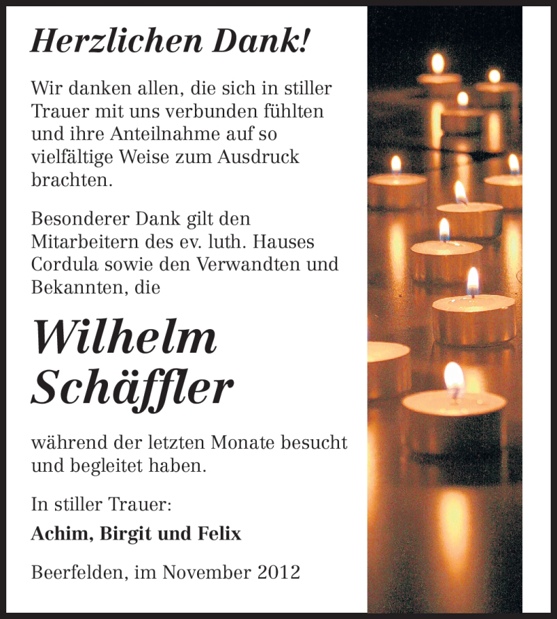  Traueranzeige für Wilhelm Schäffler vom 02.11.2012 aus Odenwälder Echo