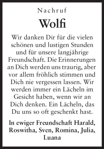Traueranzeige von Wolfi  von Rüsselsheimer Echo, Groß-Gerauer-Echo, Ried Echo