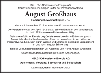 Traueranzeige von August Großhaus von Echo-Zeitungen (Gesamtausgabe)