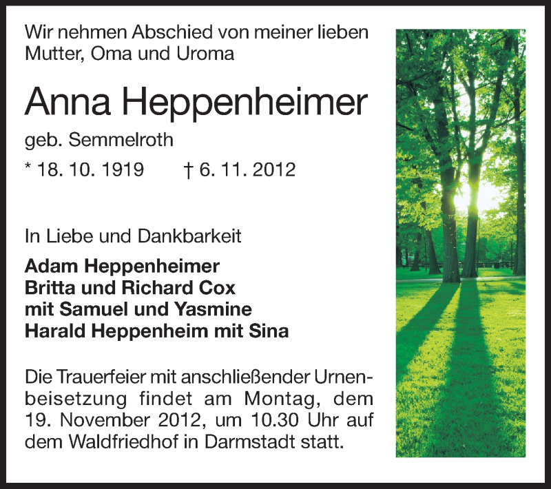  Traueranzeige für Anna Heppenheimer vom 10.11.2012 aus Echo-Zeitungen (Gesamtausgabe)
