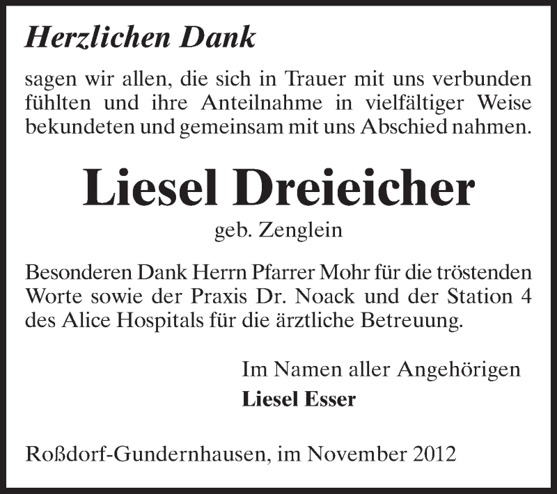  Traueranzeige für Liese Dreieicher vom 10.11.2012 aus Echo-Zeitungen (Gesamtausgabe)