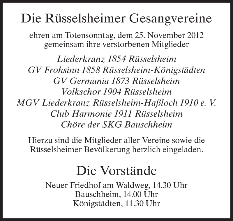  Traueranzeige für Rüsselsheimer Gesangvereine Gedenken vom 24.11.2012 aus Rüsselsheimer Echo, Groß-Gerauer-Echo, Ried Echo