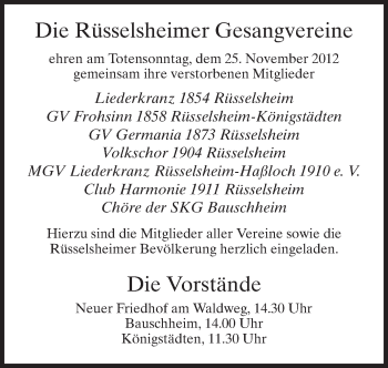 Traueranzeige von Rüsselsheimer Gesangvereine Gedenken von Rüsselsheimer Echo, Groß-Gerauer-Echo, Ried Echo