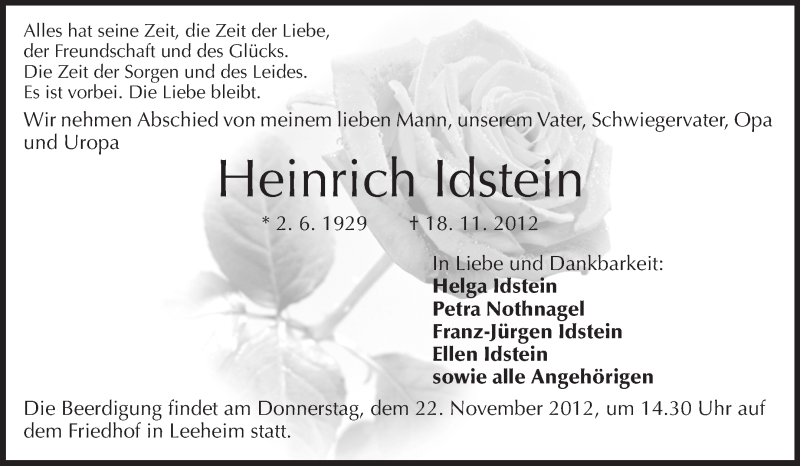  Traueranzeige für Heinrich Idstein vom 20.11.2012 aus Rüsselsheimer Echo, Groß-Gerauer-Echo, Ried Echo