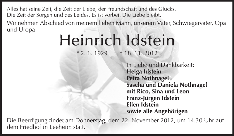  Traueranzeige für Heinrich Idstein vom 22.11.2012 aus Rüsselsheimer Echo, Groß-Gerauer-Echo, Ried Echo