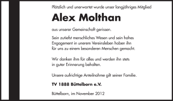 Traueranzeige von Alex Molthan von Rüsselsheimer Echo, Groß-Gerauer-Echo, Ried Echo