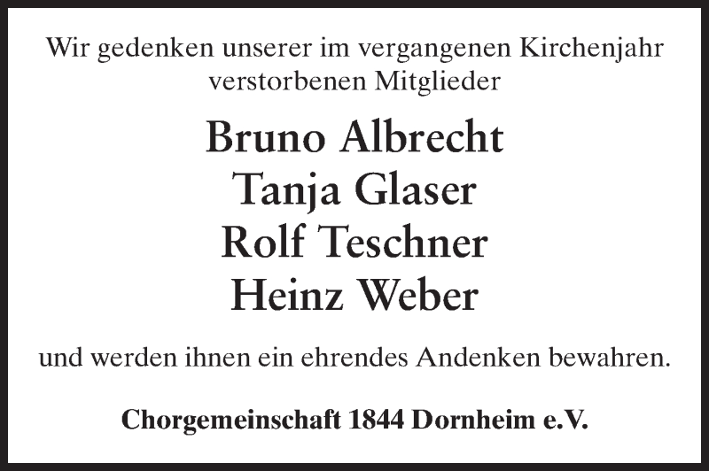  Traueranzeige für Chorgemeinschaft 1844 Dornheim Gedenken vom 24.11.2012 aus Rüsselsheimer Echo, Groß-Gerauer-Echo, Ried Echo