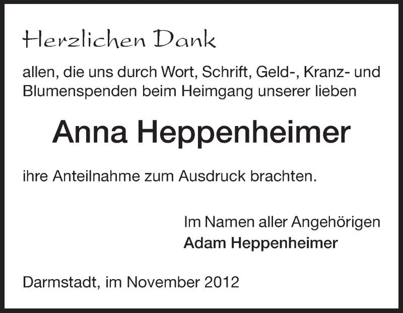  Traueranzeige für Anna Heppenheimer vom 24.11.2012 aus Echo-Zeitungen (Gesamtausgabe)