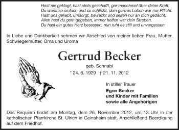 Traueranzeige von Gertrud Becker von Rüsselsheimer Echo, Groß-Gerauer-Echo, Ried Echo