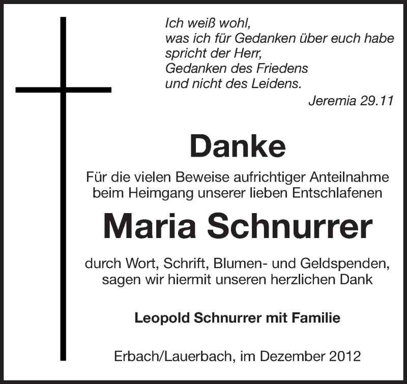  Traueranzeige für Maria Schnurrer vom 01.12.2012 aus Odenwälder Echo