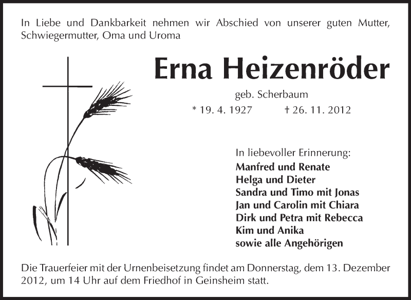  Traueranzeige für Erna Heizenröder vom 10.12.2012 aus Rüsselsheimer Echo, Groß-Gerauer-Echo, Ried Echo