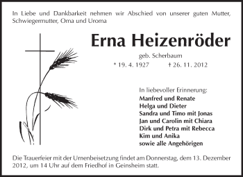 Traueranzeige von Erna Heizenröder von Rüsselsheimer Echo, Groß-Gerauer-Echo, Ried Echo