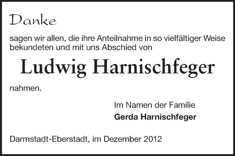  Traueranzeige für Ludwig Harnischfeger vom 15.12.2012 aus Echo-Zeitungen (Gesamtausgabe)