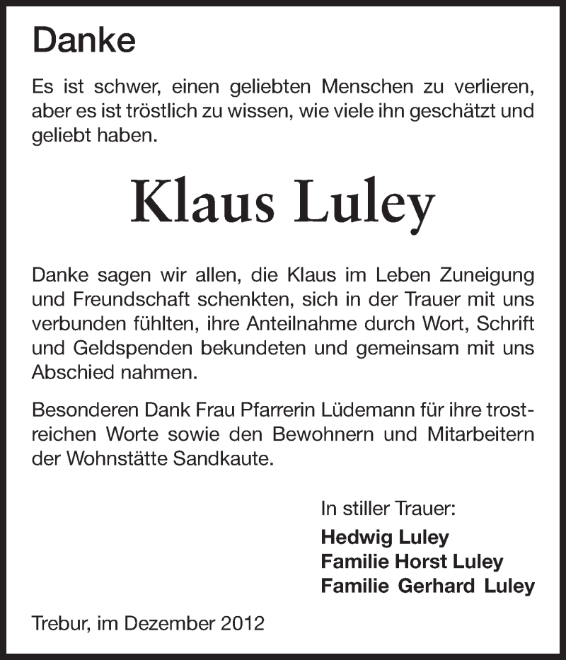  Traueranzeige für Klaus Luley vom 14.12.2012 aus Rüsselsheimer Echo, Groß-Gerauer-Echo, Ried Echo