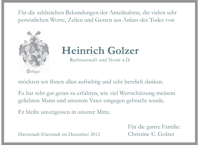  Traueranzeige für Heinrich Golzer vom 15.12.2012 aus Echo-Zeitungen (Gesamtausgabe)