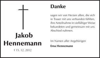 Traueranzeige von Jakob Hennemann von Echo-Zeitungen (Gesamtausgabe)