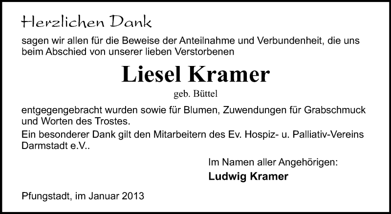  Traueranzeige für Liesel Kramer vom 05.01.2013 aus Echo-Zeitungen (Gesamtausgabe)