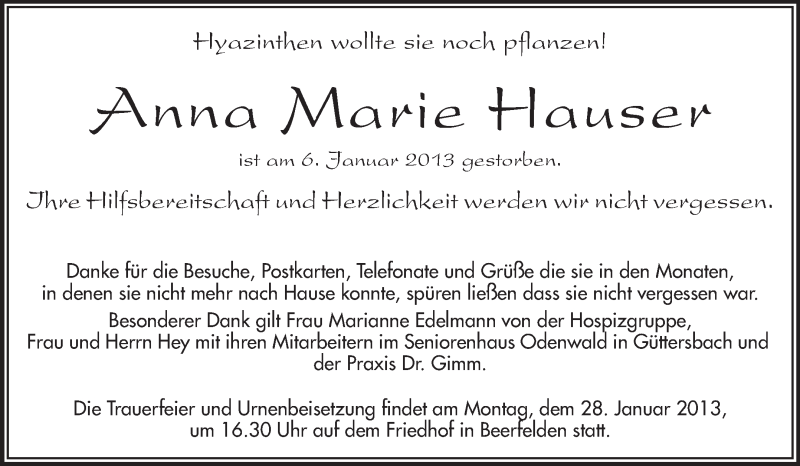  Traueranzeige für Anna Marie Hauser vom 24.01.2013 aus Odenwälder Echo
