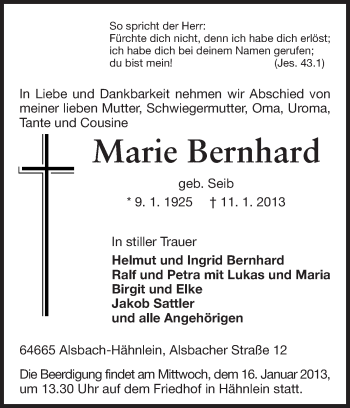 Traueranzeige von Marie Bernhard von Echo-Zeitungen (Gesamtausgabe)
