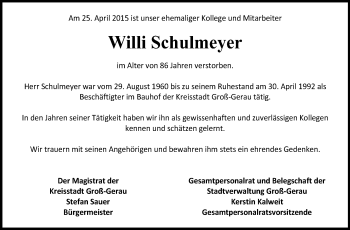 Traueranzeige von Willi Schulmeyer von Rüsselsheimer Echo, Groß-Gerauer-Echo, Ried Echo