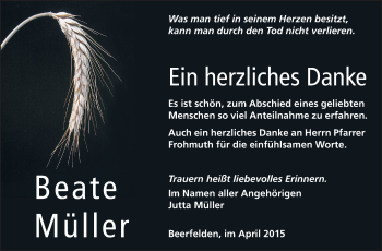 Traueranzeige von Beate Müller von Odenwälder Echo