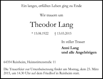 Traueranzeige von Theodor Lang von Darmstädter Echo, Odenwälder Echo, Rüsselsheimer Echo, Groß-Gerauer-Echo, Ried Echo