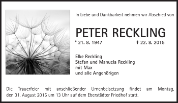 Traueranzeige von Peter Reckling von trauer.echo-online.de