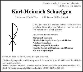 Traueranzeige von Karl-Heinrich Schaefgen von Echo-Zeitungen (Gesamtausgabe)