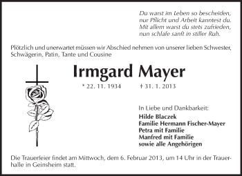 Traueranzeige von Irmgard Mayer von Rüsselsheimer Echo, Groß-Gerauer-Echo, Ried Echo
