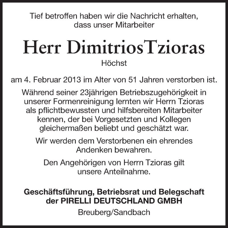  Traueranzeige für Dimitrios Tzioras vom 08.02.2013 aus Odenwälder Echo