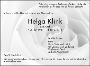 Traueranzeige von Helga Klink von Echo-Zeitungen (Gesamtausgabe)