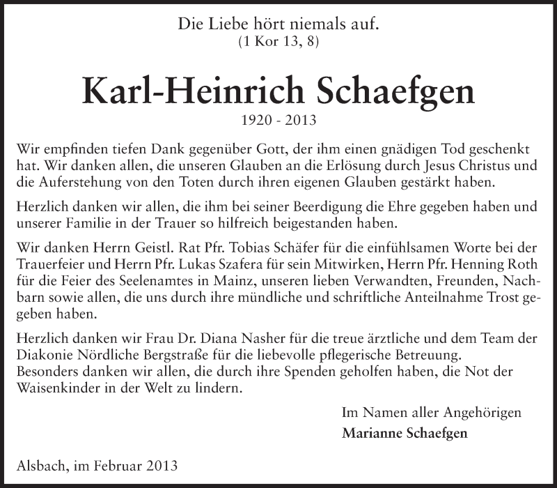  Traueranzeige für Karl-Heinrich Schaefgen vom 15.02.2013 aus Echo-Zeitungen (Gesamtausgabe)