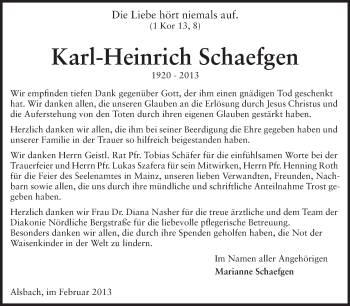 Traueranzeige von Karl-Heinrich Schaefgen von Echo-Zeitungen (Gesamtausgabe)