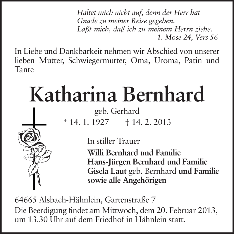  Traueranzeige für Katharina Bernhard vom 18.02.2013 aus Echo-Zeitungen (Gesamtausgabe)