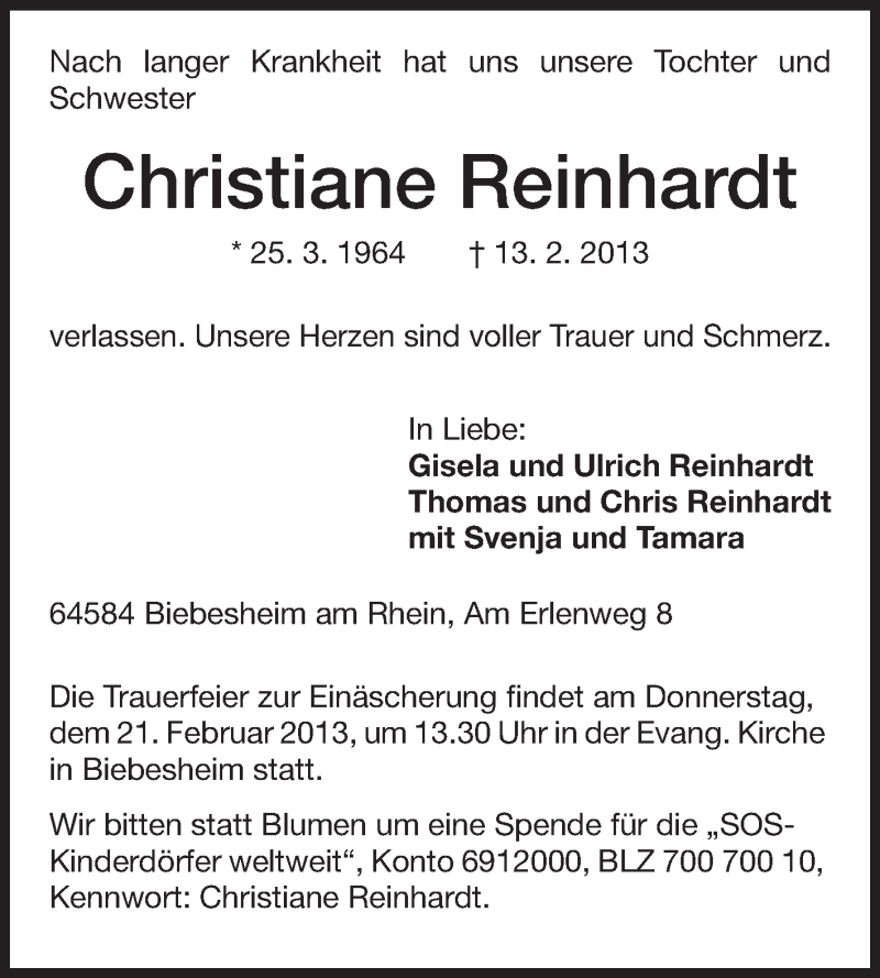  Traueranzeige für Christiane Reinhardt vom 18.02.2013 aus Echo-Zeitungen (Gesamtausgabe)