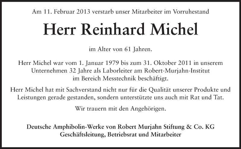  Traueranzeige für Reinhard Michel vom 23.02.2013 aus Echo-Zeitungen (Gesamtausgabe)