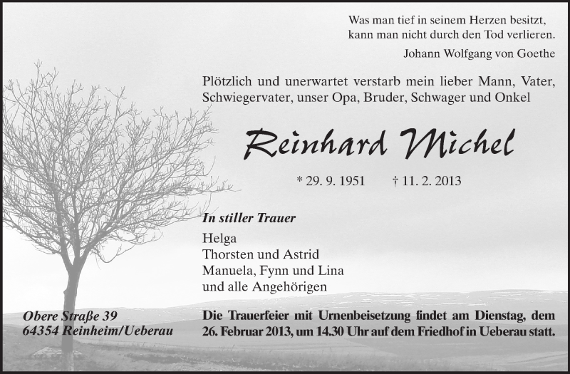  Traueranzeige für Reinhard Michel vom 23.02.2013 aus Echo-Zeitungen (Gesamtausgabe)