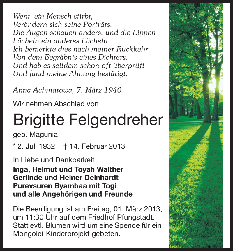  Traueranzeige für Brigitte Felgendreher vom 23.02.2013 aus Echo-Zeitungen (Gesamtausgabe)