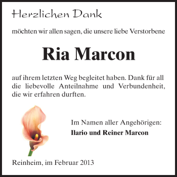 Traueranzeige von Ria Marcon von Echo-Zeitungen (Gesamtausgabe)