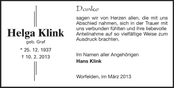 Traueranzeige von Helga Klink von Rüsselsheimer Echo, Groß-Gerauer-Echo, Ried Echo