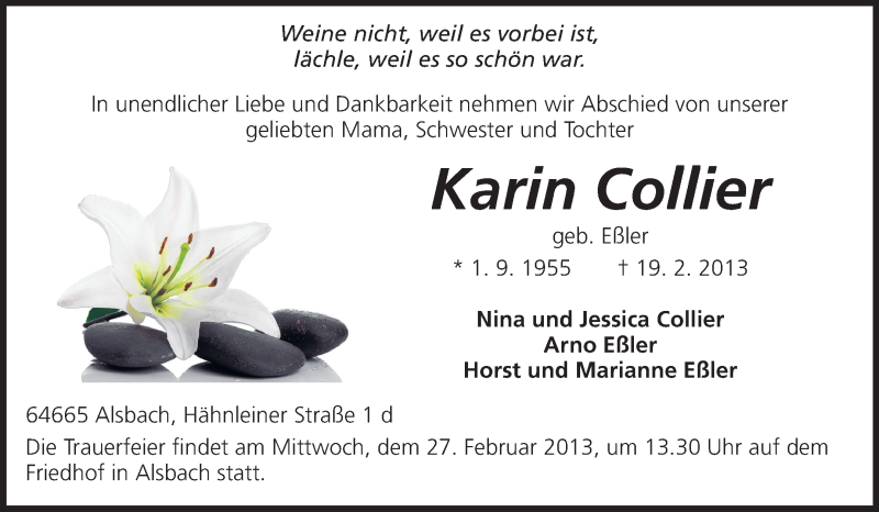  Traueranzeige für Karin Collier vom 23.02.2013 aus Echo-Zeitungen (Gesamtausgabe)
