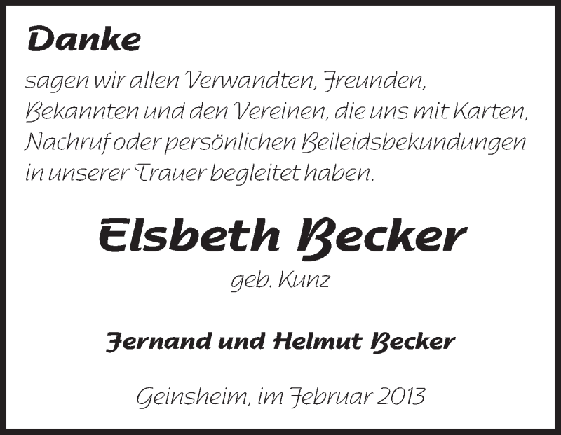  Traueranzeige für Elsbeth Becker vom 26.02.2013 aus Rüsselsheimer Echo, Groß-Gerauer-Echo, Ried Echo