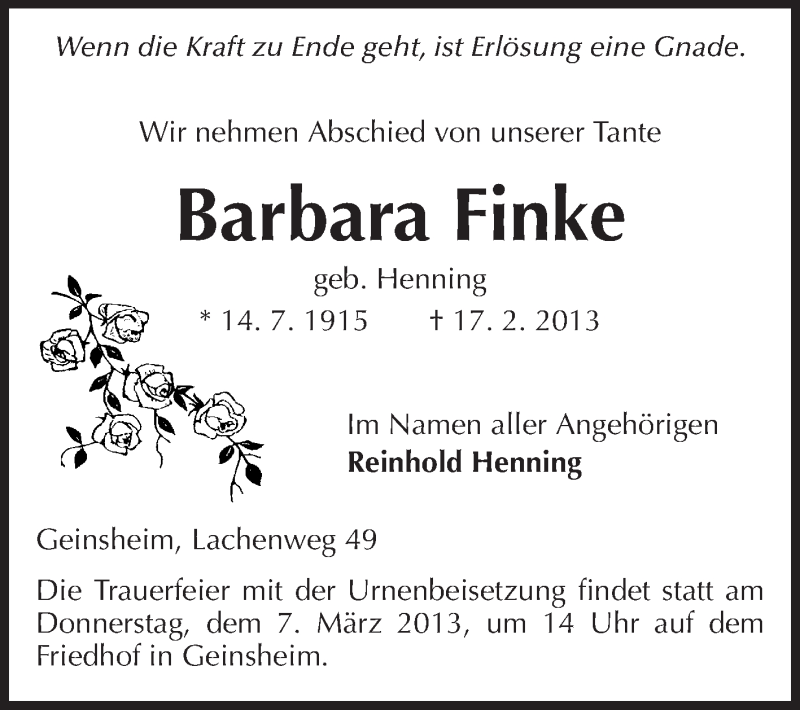  Traueranzeige für Barbara Finke vom 01.03.2013 aus Rüsselsheimer Echo, Groß-Gerauer-Echo, Ried Echo