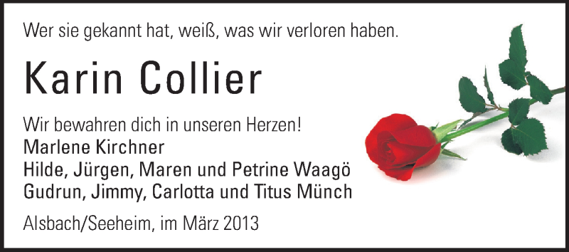  Traueranzeige für Karin Collier vom 02.03.2013 aus Echo-Zeitungen (Gesamtausgabe)