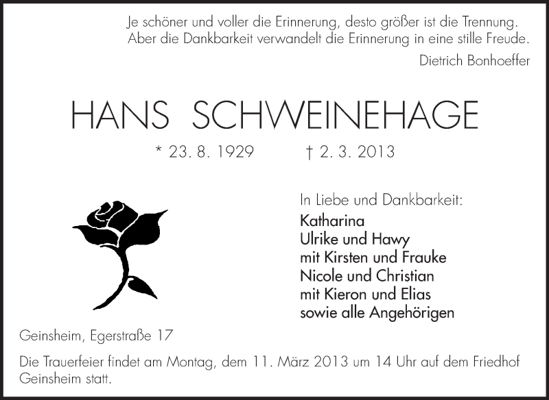  Traueranzeige für Hans Schweinehage vom 07.03.2013 aus Rüsselsheimer Echo, Groß-Gerauer-Echo, Ried Echo